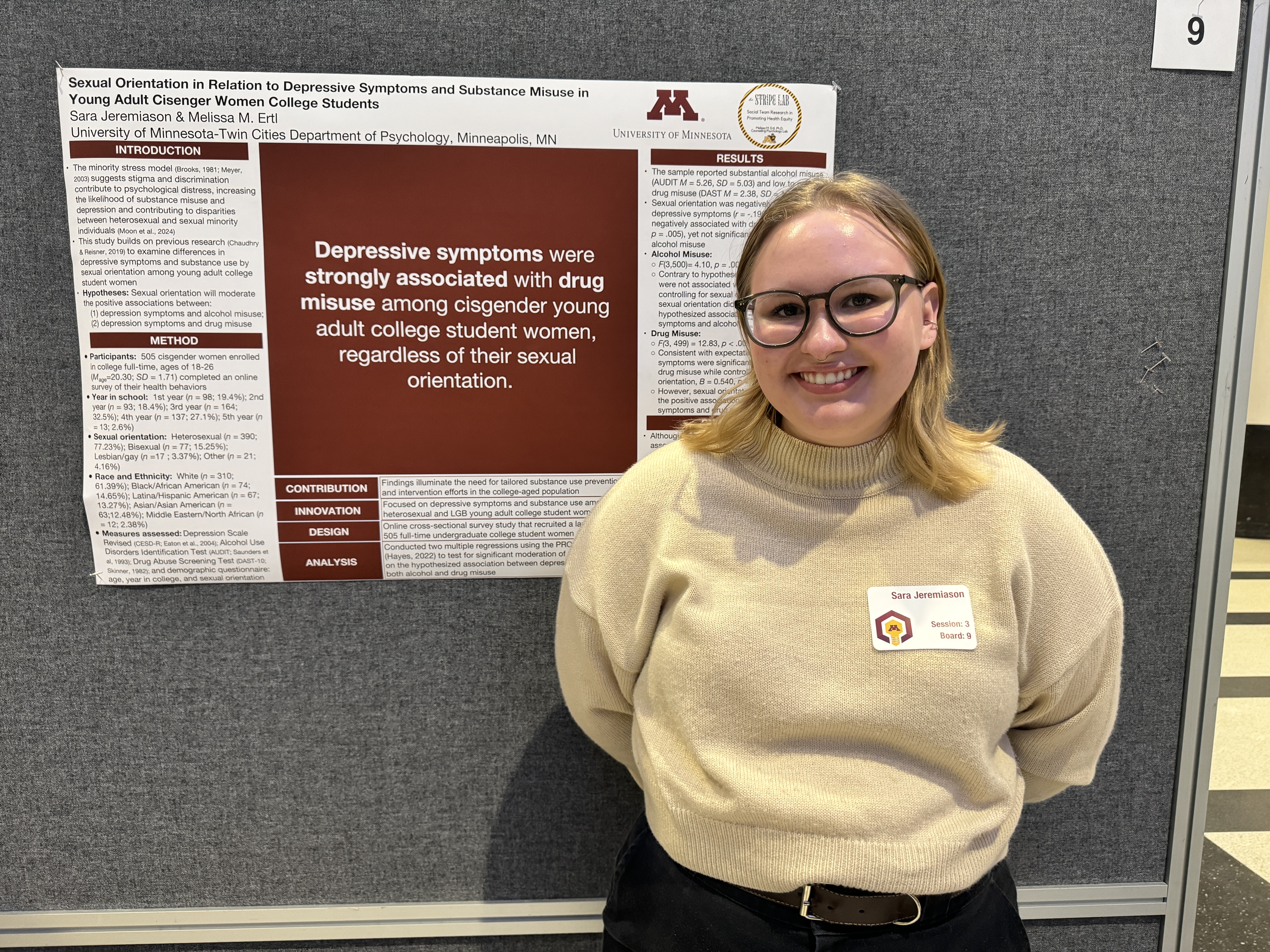 Sara Jeremiason presents her research on alcohol and drug misuse in relation to depression in cisgender women college students who are heterosexual and lesbian, gay, and bisexual.