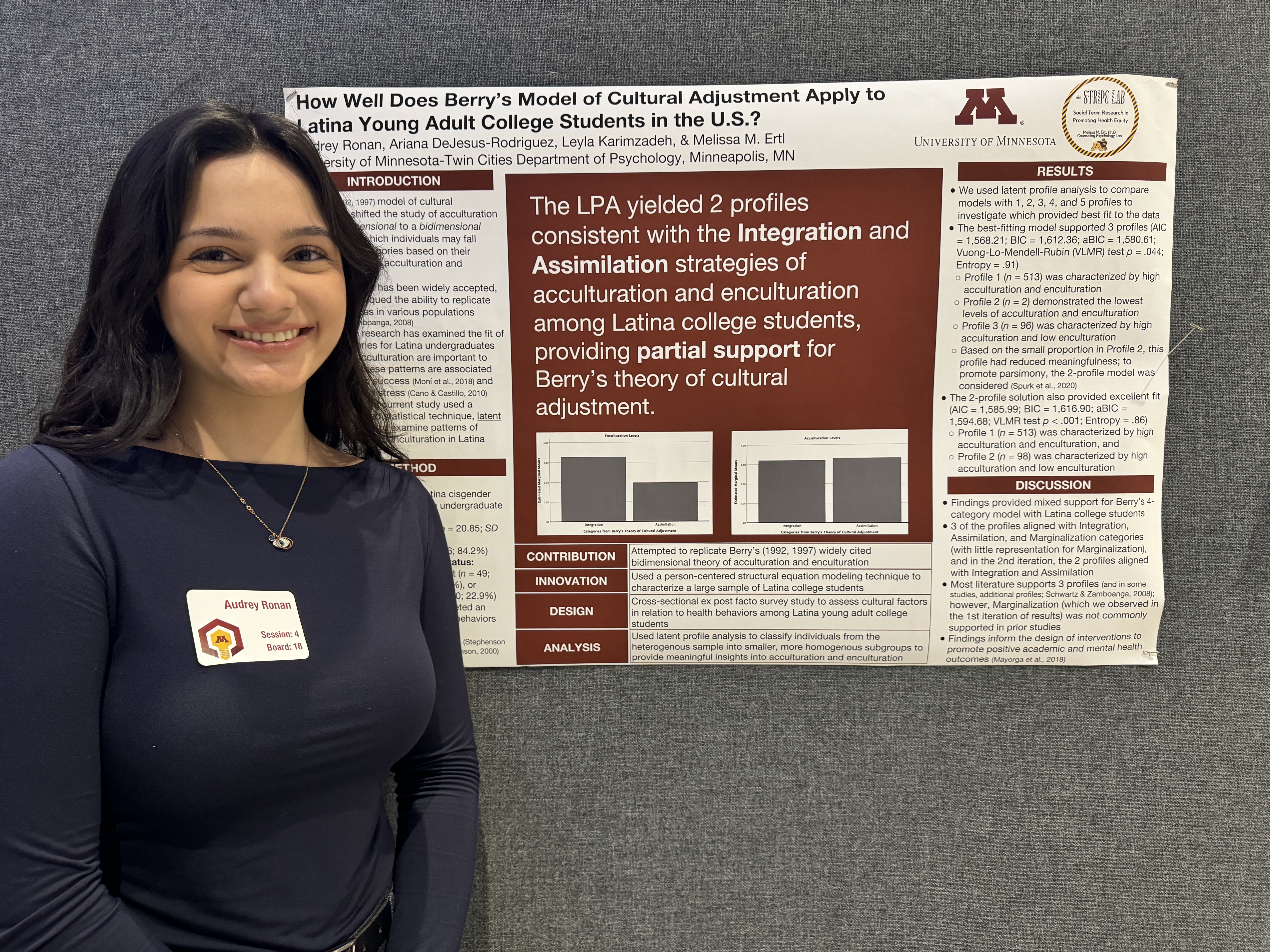 Audrey Ronan presents her research on cultural adjustment strategies, including acculturation and enculturation processes in Latina college students.